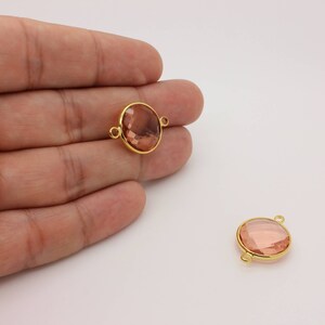 1 Pcs, Round Framed Glass Gemstone Connector Pendant 16K Gold Plated Bezel Light Rose Connector Charm, 22L3-19G-12C