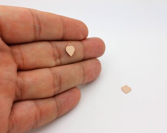 2 Rose Gold Heart Charms: Tiny Flat Pendants, DIY Jewelry Supply (9x7mm)