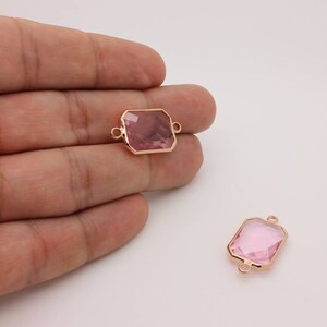 Pink Glass Square Connector Charm: Rose Gold Plated Pendant (25.5 X 13.7 mm)