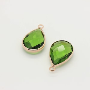 2 Pcs, Teardrop Glass Gemstone Pendant Rose Gold Plated Framed Drop Charm, 12L2-17R-01C