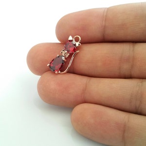 Handmade Rose Gold Plated Cat Charm: Red Ruby Cubic Zirconia Pendant 1 Pc
