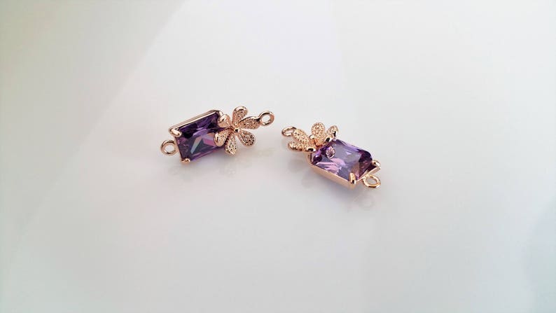 2 Pcs Flower links Cubic Zirconia Connectors Floral Connectors Jewelry Supply Rose Gold Plated 20mm x 7.3mm 12R2-14R-02C