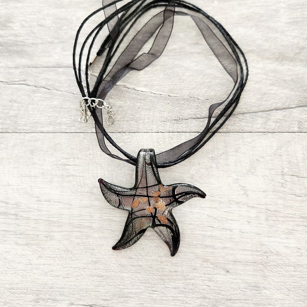 Starfish necklace, black glass Star Fish pendant, Beach themed statement jewelry,  DIY mermaid Jewellery