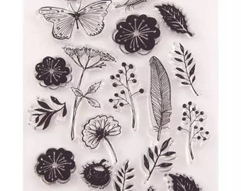 Nature clear stamps, Flowers/Butterfly stamp, Card Making stamping set-Scrapbooking/Planner/Journal