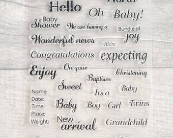 Baby themed clear stamps, words greetings sentiments Transparent stamp set,  Baby Shower Card Making Invitations