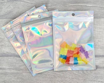 Holographic self seal bags, 10cm x 15cm iridescent clear plastic, 10/20/50 grip seal gift bag, business packaging