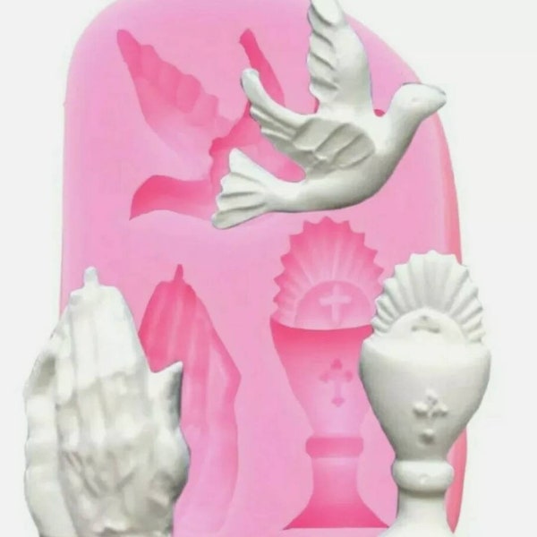 Religious symbols Silicone mould, Resin mold, Small dove, praying hands, Eucharist, food safe icing cake decoration, cupcake topper