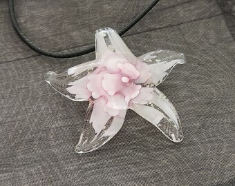 Starfish necklace, pink and clear glass Star Fish pendant, black cord, Beach themed statement jewelry,  DIY mermaid Jewellery