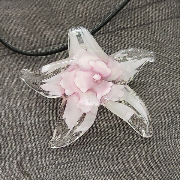 Starfish necklace, pink and clear glass Star Fish pendant, black cord, Beach themed statement jewelry,  DIY mermaid Jewellery