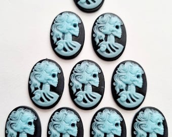 10 skeleton head cameo cabochons-Black/Blue lady/female skull resin cabochon-Halloween/Gothic jewellery