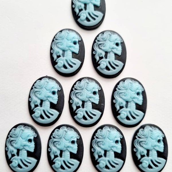 10 skeleton head cameo cabochons-Black/Blue lady/female skull resin cabochon-Halloween/Gothic jewellery