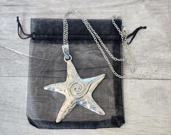 Oversized starfish necklace, antique silver tone metal jewellery, large star fish pendant, Summer statement jewelry, 50cm chain