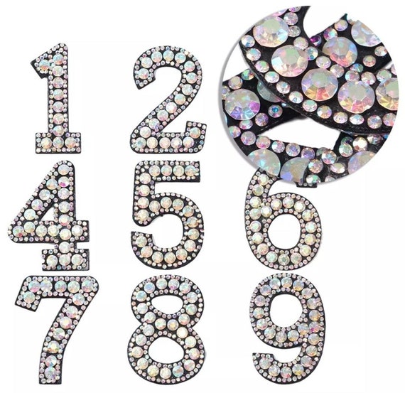 Rhinestone Number Patches, Iron on Sparkle Numbers, Black Sew on Patch,  Wedding Bling Applique, Iron on Patch 