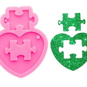 Heart Puzzle Pendant Silicone Mould, Resin mold, Valentines Day Keychain Keyring, Large cake decorating topper