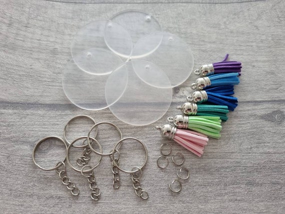 Clear Round Acrylic Blanks Keychain Set, 5/10 Keyring Chains/faux Leather  Tassels, Transparent Discs/circles 