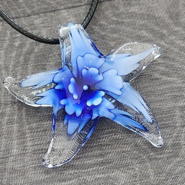 Starfish necklace, blue and clear glass Star Fish pendant, black cord, Beach themed statement jewelry,  DIY mermaid Jewellery