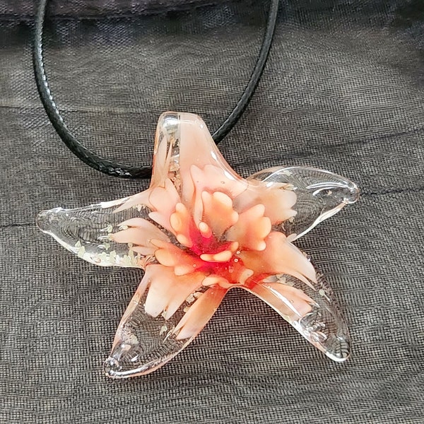 Starfish necklace, orange and clear glass Star Fish pendant, black cord, Beach themed statement jewelry,  DIY mermaid Jewellery