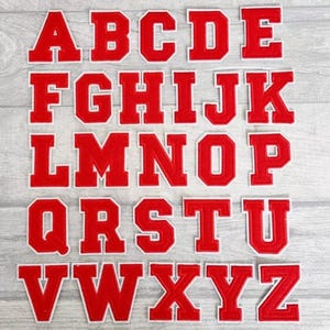 Toppe con lettere rosse, lettere da stirare, toppa con alfabeto retrò, toppe universitarie da cucire, applicazione con nome ricamato, 5,5 cm