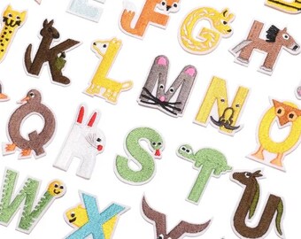 Kids letter patches, Animal alphabet, iron on name patches, sew on embroidered applique, Childrens card making