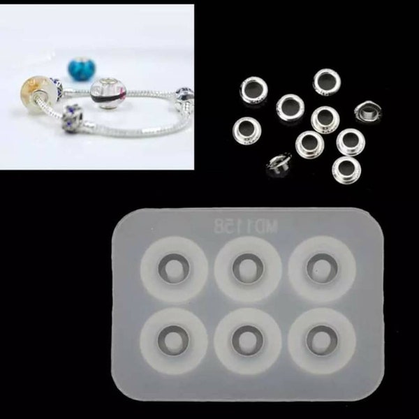 Bead silicone mould set, 30 Silver plated grommets/cores/caps, European charm bracelet resin mold, 5mm bead inners-Jewellery making
