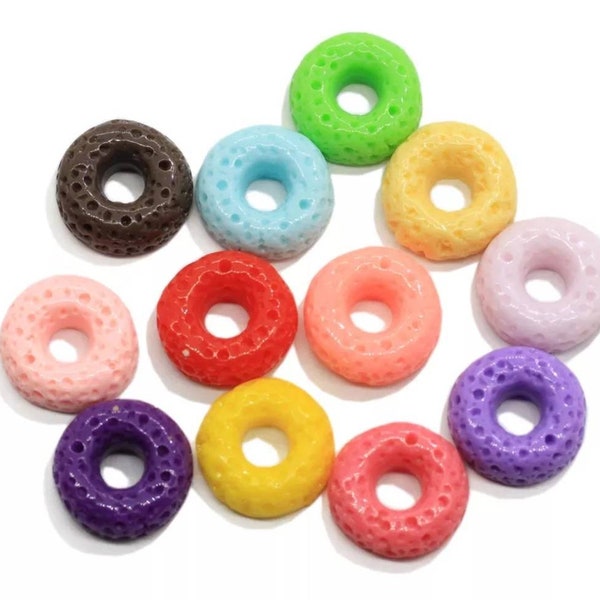 Cabujones de cereales con lazo de frutas, anillos de donas multicolores, cabujón de resina con reverso plano de 16 mm, encantos de limo kawaii