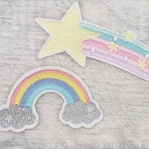 Rainbow shooting star iron on patch set, sew on patches, embroidered appliques, craft supplies