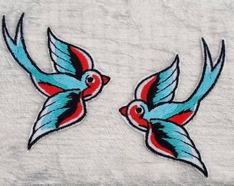 2 Swallow patches, iron on embroidered bird patch, sew on clothes appliques, embroidery craft supplies