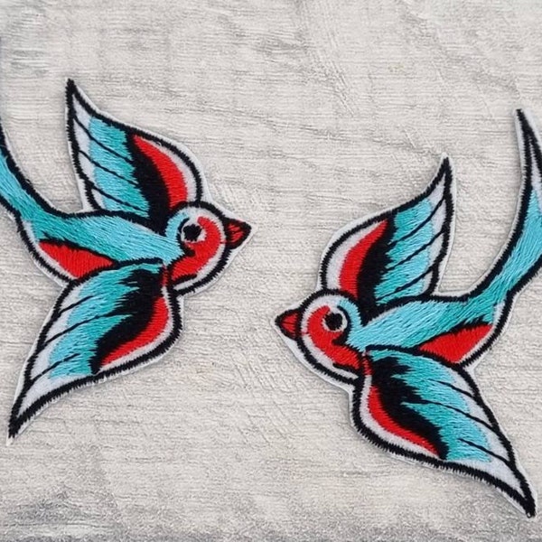 2 Swallow patches, iron on embroidered bird patch, sew on clothes appliques, embroidery craft supplies