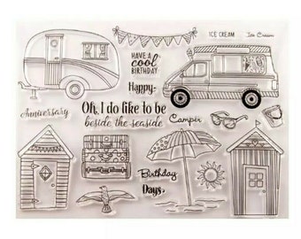 Beach/Summer Clear stamps, Vacation, Holiday, Ice Cream Van stamp, Seaside, Caravan, Transparent stamping-DIY Card Making