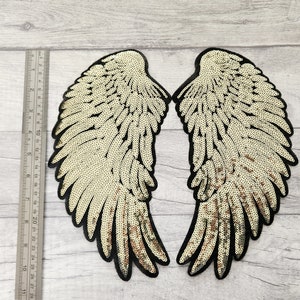 Large light gold wings iron on patch set, sequin angel wing sew on patches, embroidered appliques, Christmas Nativity costume
