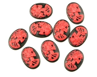 10 skull head cameo cabochons, Black red lady/female skeleton resin cabochon, Halloween/Gothic jewellery