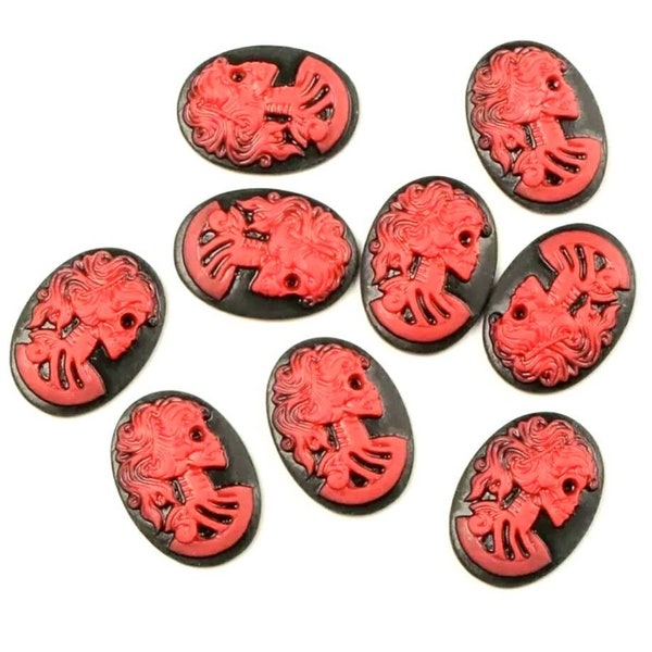 10 skull head cameo cabochons, Black red lady/female skeleton resin cabochon, Halloween/Gothic jewellery