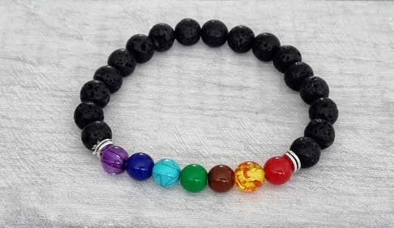 Chakra Bracelet, 7 Chakras Gemstone Jewellery, Black Lava Stone Beads, Yoga Healing Balancing