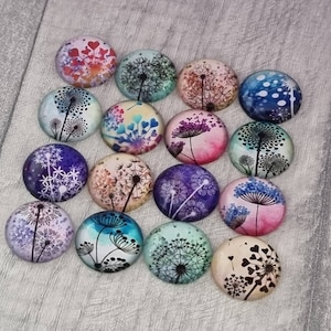 10 cabochons pissenlits, cabochon en verre à dos plat 20 mm, fabrication de bijoux/pendentif collier, porte-clés/porte-clés-scrapbooking/artisanat