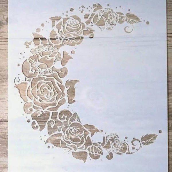 Pochoir croissant de lune, modèle réutilisable A4 de fond de superposition floral céleste-fleurs/roses-artisanat/mur/meubles/tissu au pochoir