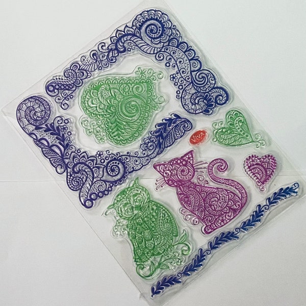 Chat / Hibou / Coeur Mandala Timbres transparents-Carte Faire tampon en silicone transparent / Bordure / Bordures / Cœurs / Fleurs