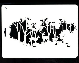 Deer woodland scene stencil-Layering/background/Reusable Winter Forest Christmas scene stencilling/Painting