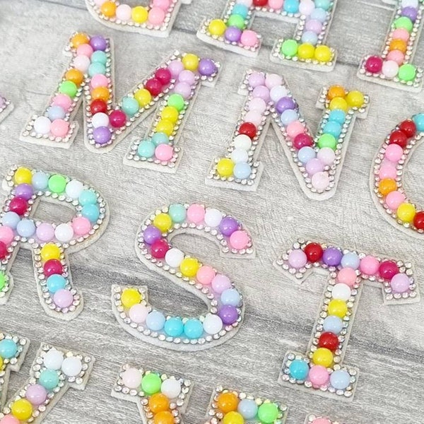 Rainbow pearl letter patches, iron on patch, sew on alphabet applique, wedding bridal hen do, silver sparkly rhinestone