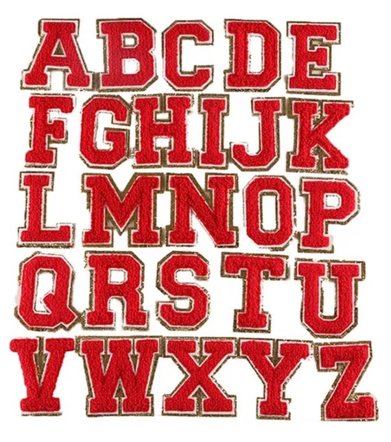 Red Chenille Iron On Gold Glitter Letter Patches
