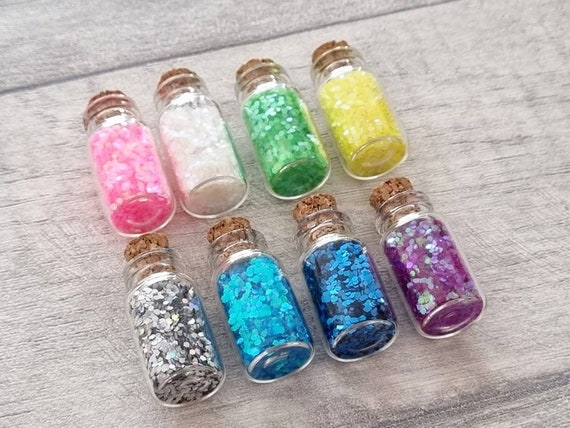 8 Mini Glitter Glass Bottles, Small Fairy Dust Jars, Resin Craft