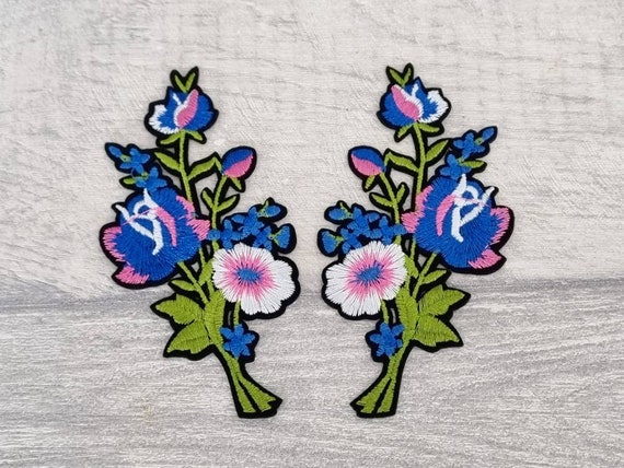 2 Flower Iron on Patches, Rose Sew on Patch, Embroidered Flowers,  Embroidery Appliques, Craft Supplies 