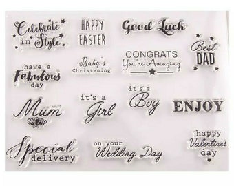 14 Sentiments Clear stamps, Valentines Day message, words stamp, Wedding, Best Dad, Christening, Good luck, Easter, DIY Card Making