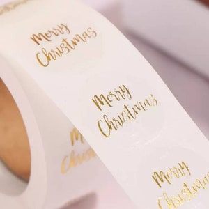 Merry Christmas stickers, Xmas clear metallic gold gift tags, self adhesive labels, 2.5cm/1 Inch seals