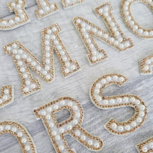Perle Buchstaben Patches, Aufnäher gold Strass Buchstaben, Aufnäher Alphabet, 5cm funkelnde Applikation, Braut Aufnäher