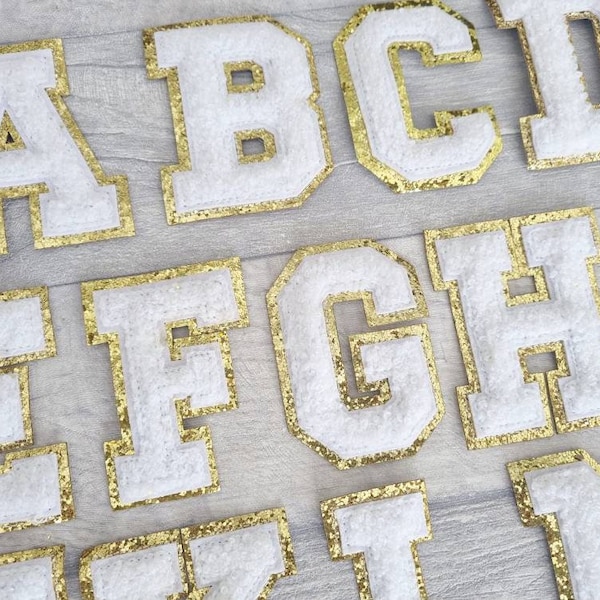 White chenille letter patches, large alphabet iron/sew on patch, 8cm gold glitter trim applique, retro varsity letterman