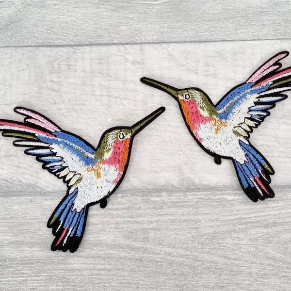 Hummingbird Applique Patch – Blue & Green Embroidered Bird Badge (2-3/8"), Iron-On