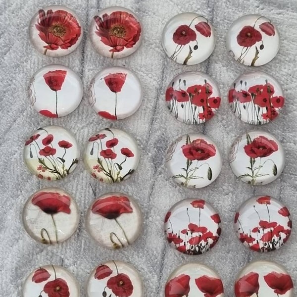 20 Poppy cabochons-12mm, flatback glass cabochon poppies-jewellery making/earrings-charm bracelet-keychain/keyring-scrapbooking/craft