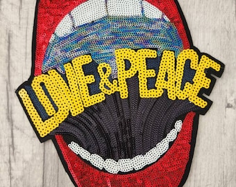 Very large mouth iron on patch, sequin sew on patches, embroidered clothes applique, DIY jacket, Love and Peace festival accessories