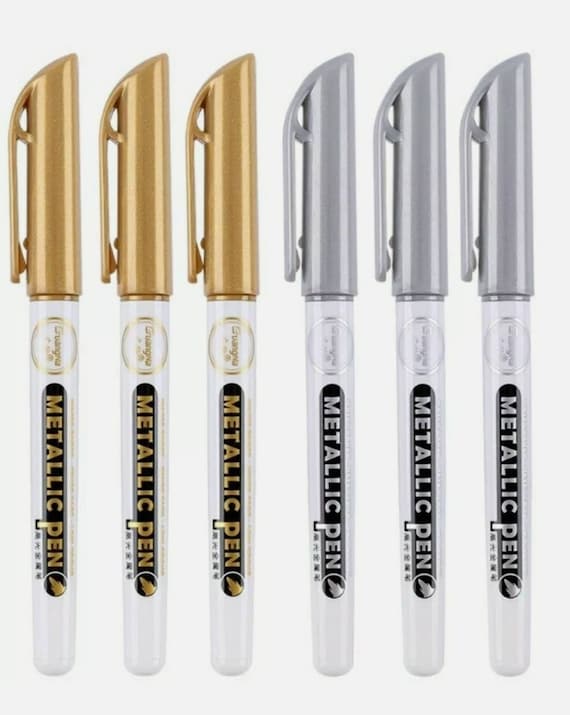 6 Metallic Permanent Marker Pens, 3 Gold/3 Silver Markers, Resin