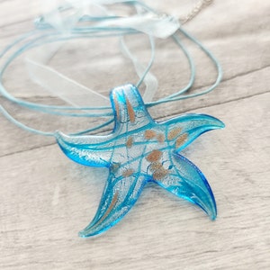 Starfish necklace, blue glass Star Fish pendant, Beach themed statement jewelry,  DIY mermaid Jewellery